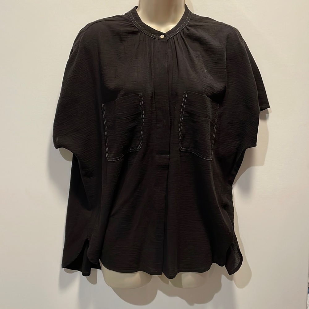 Vince Topstitch Crinkle Cotton Sz S Popover Top, black